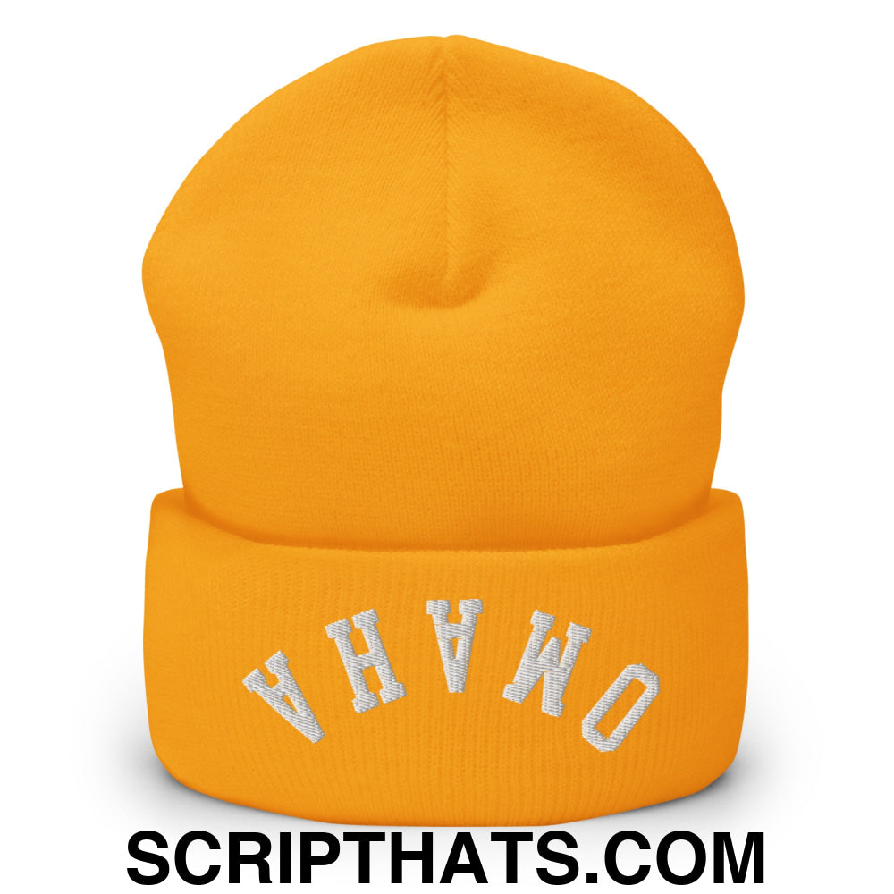 Upside Down Omaha Embroidered Cuffed Knit Beanie Gold