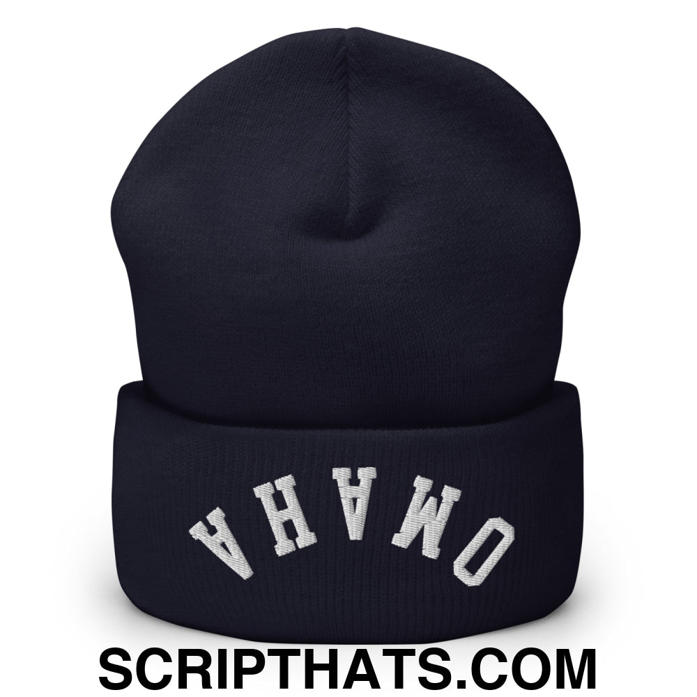 Upside Down Omaha Embroidered Cuffed Knit Beanie Navy