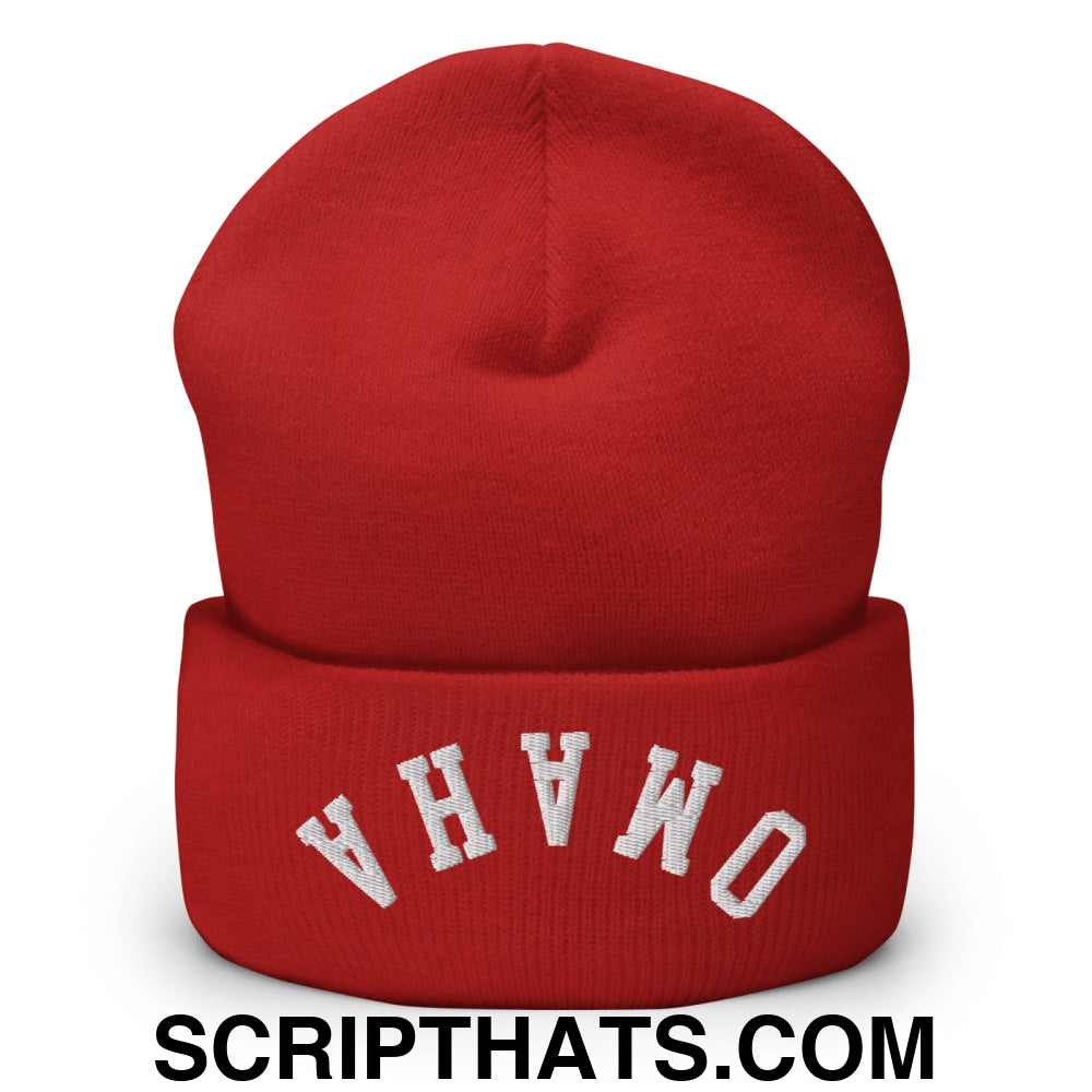 Upside Down Omaha Embroidered Cuffed Knit Beanie Red