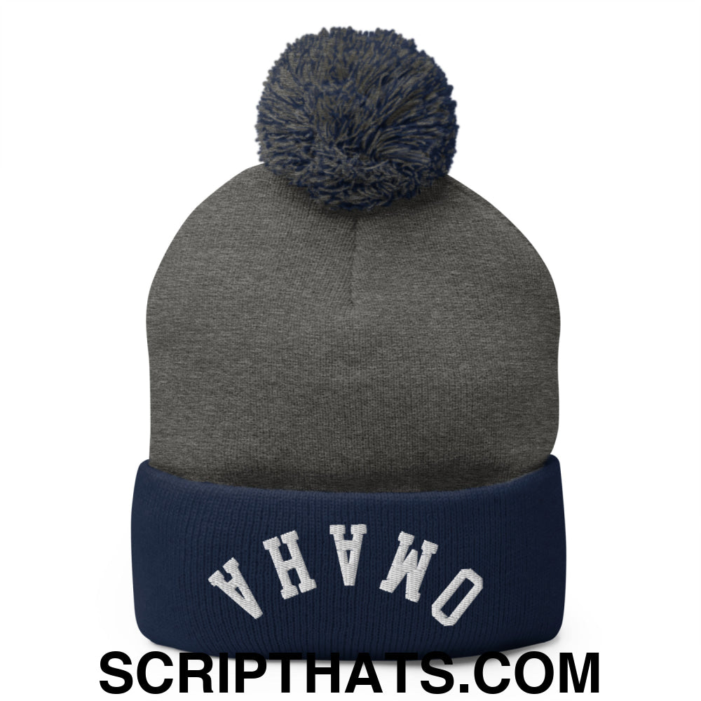 Upside Down Omaha Embroidered Pom Pom Knit Beanie Dark Heather Grey Navy