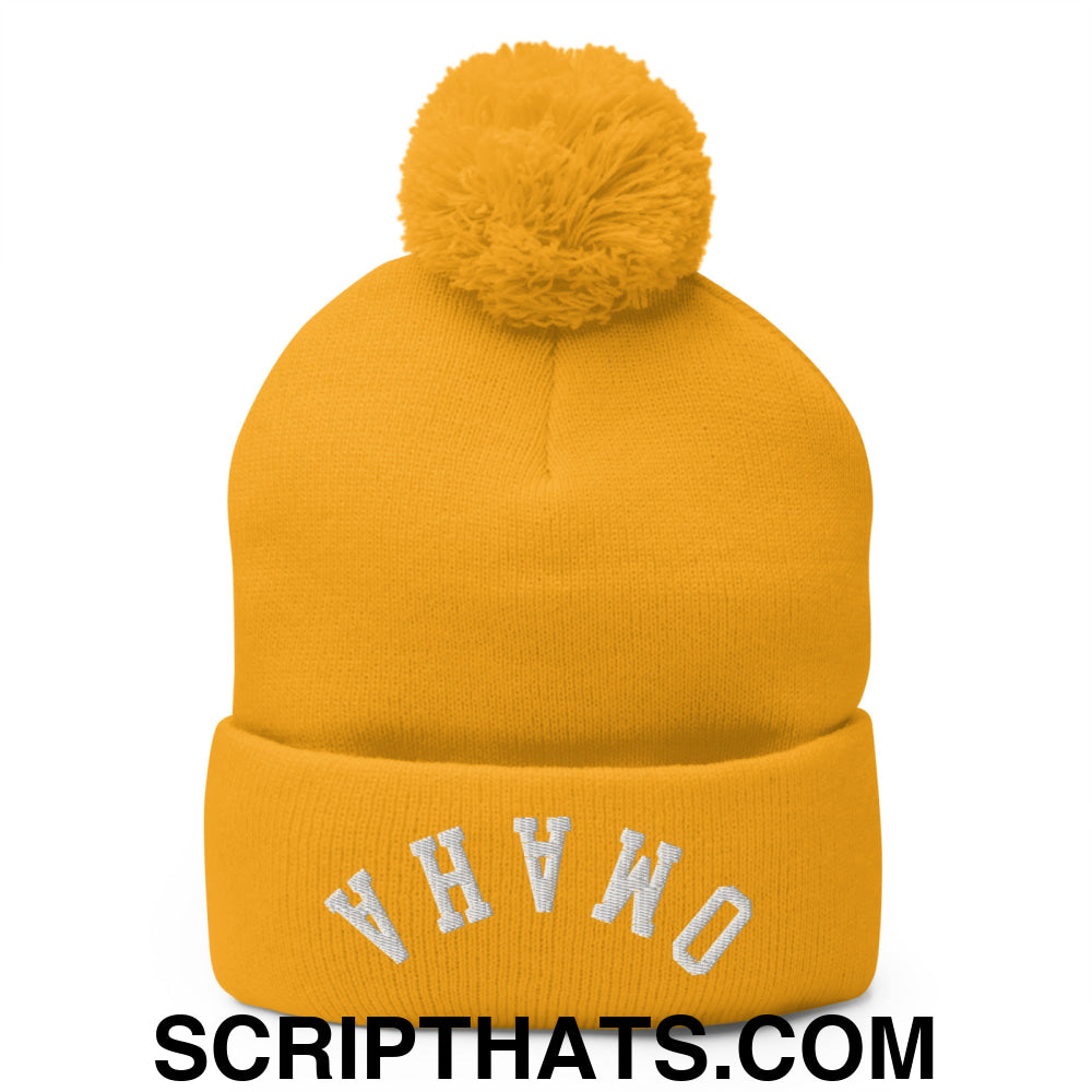 Upside Down Omaha Embroidered Pom Pom Knit Beanie Gold