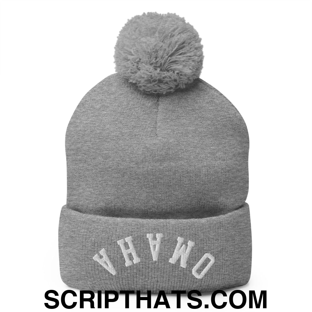 Upside Down Omaha Embroidered Pom Pom Knit Beanie Heather Grey