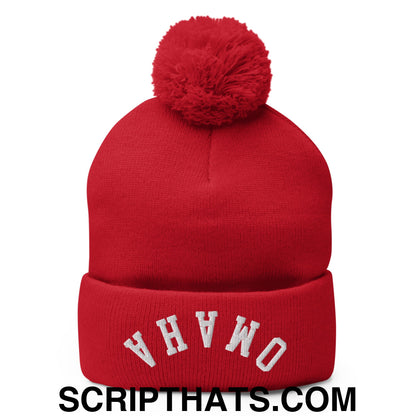 Upside Down Omaha Embroidered Pom Pom Knit Beanie Red