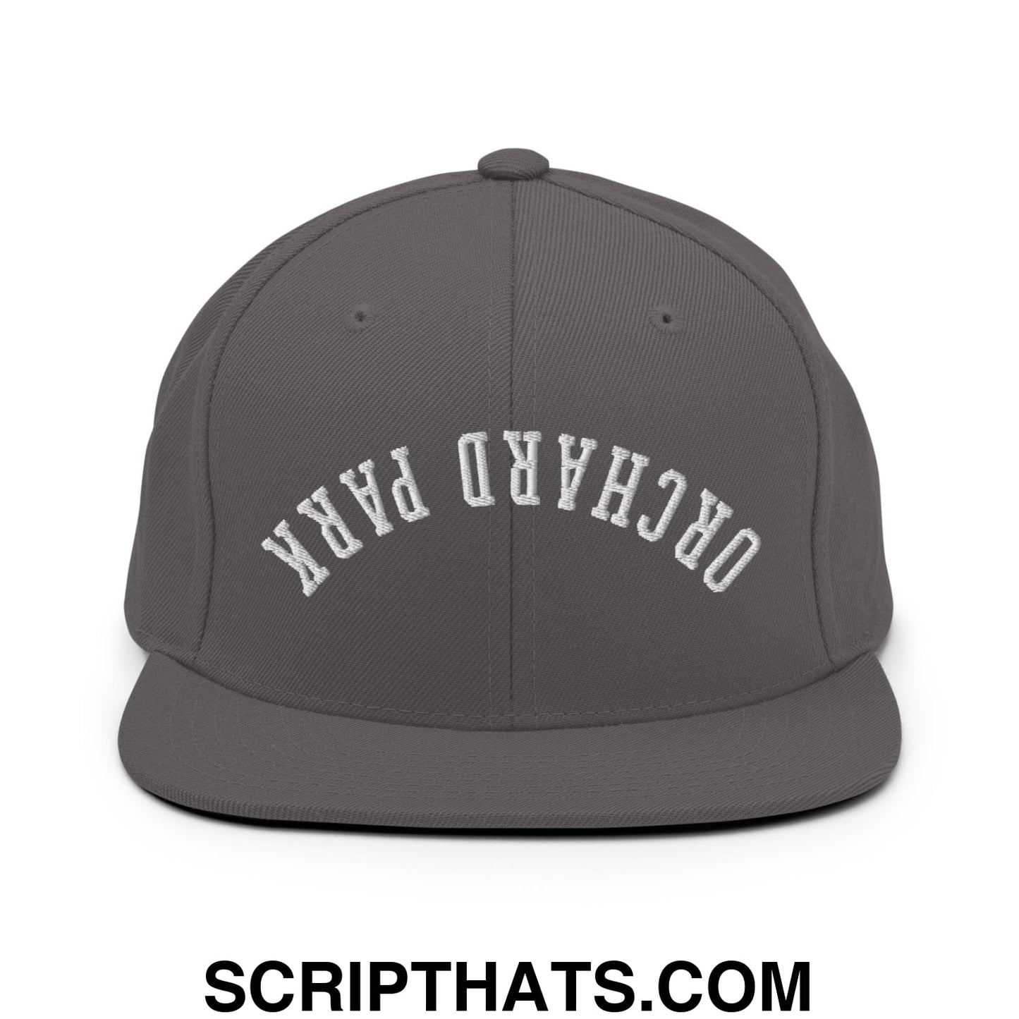 Upside Down Orchard Park Embroidered Flat Bill Brim Snapback Hat Dark Grey