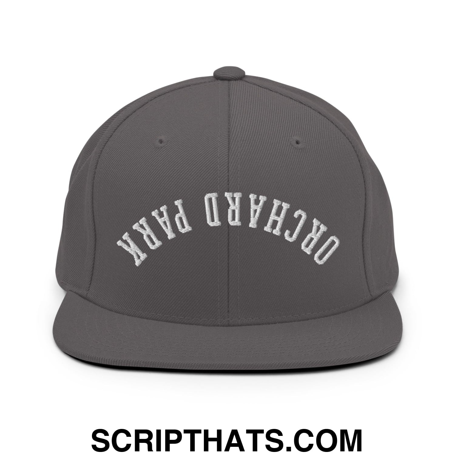 Upside Down Orchard Park Embroidered Flat Bill Brim Snapback Hat Dark Grey