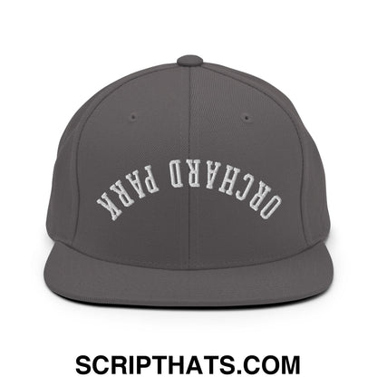 Upside Down Orchard Park Embroidered Flat Bill Brim Snapback Hat Dark Grey