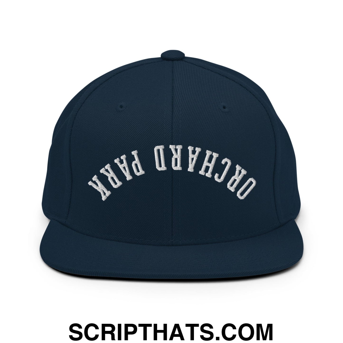 Upside Down Orchard Park Embroidered Flat Bill Brim Snapback Hat Dark Navy