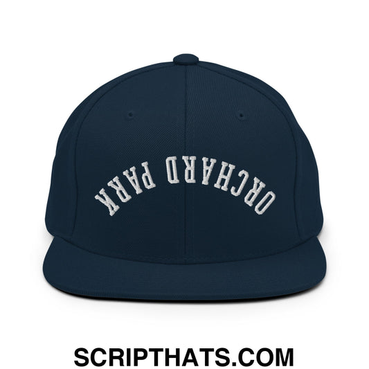 Upside Down Orchard Park Embroidered Flat Bill Brim Snapback Hat Dark Navy