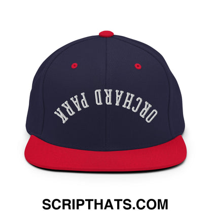 Upside Down Orchard Park Embroidered Flat Bill Brim Snapback Hat Navy Red