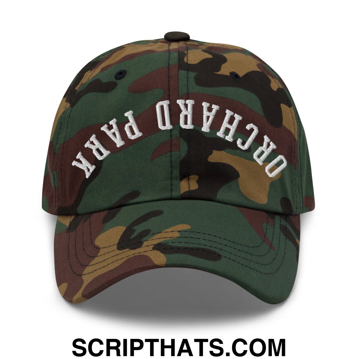 Upside Down Orchard Park Embroidered Unstructured Dad Hat Green Camo