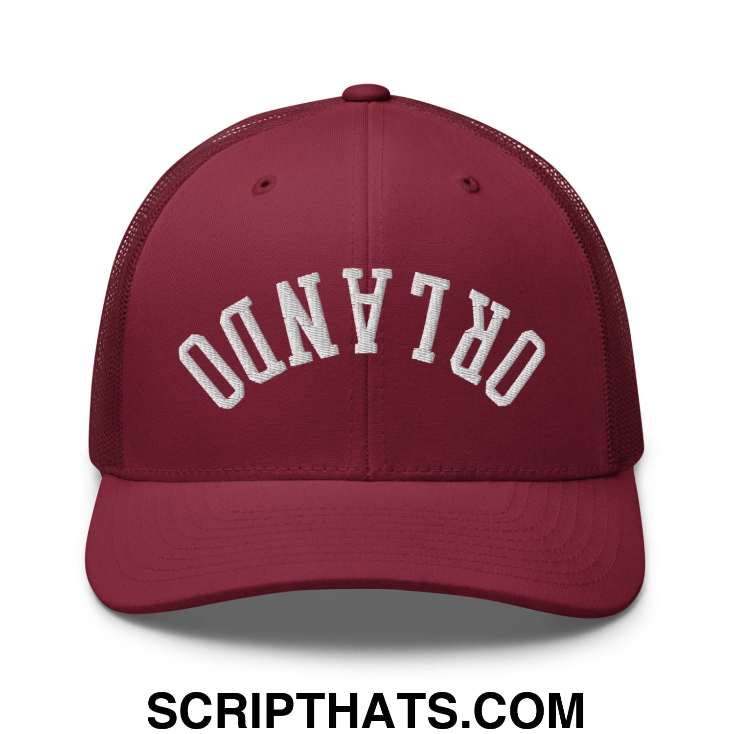 Upside Down Orlando Embroidered Mesh Trucker Hat Cranberry