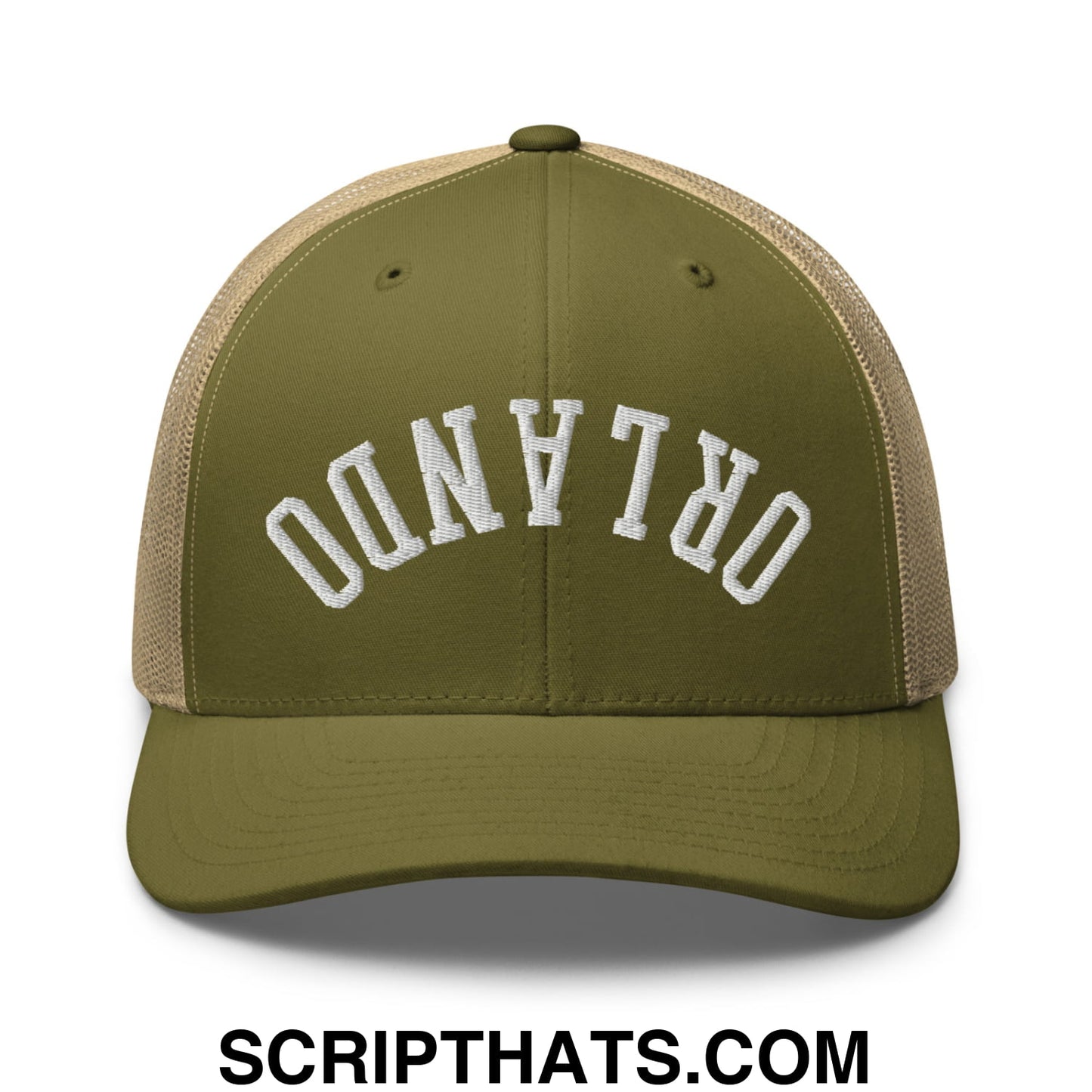 Upside Down Orlando Embroidered Mesh Trucker Hat Moss Khaki