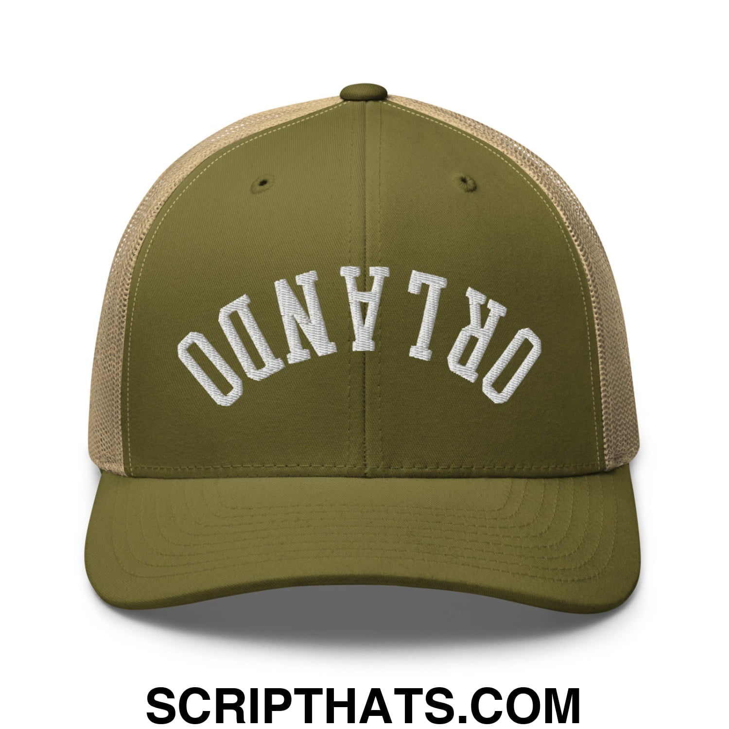 Upside Down Orlando Embroidered Mesh Trucker Hat Moss Khaki