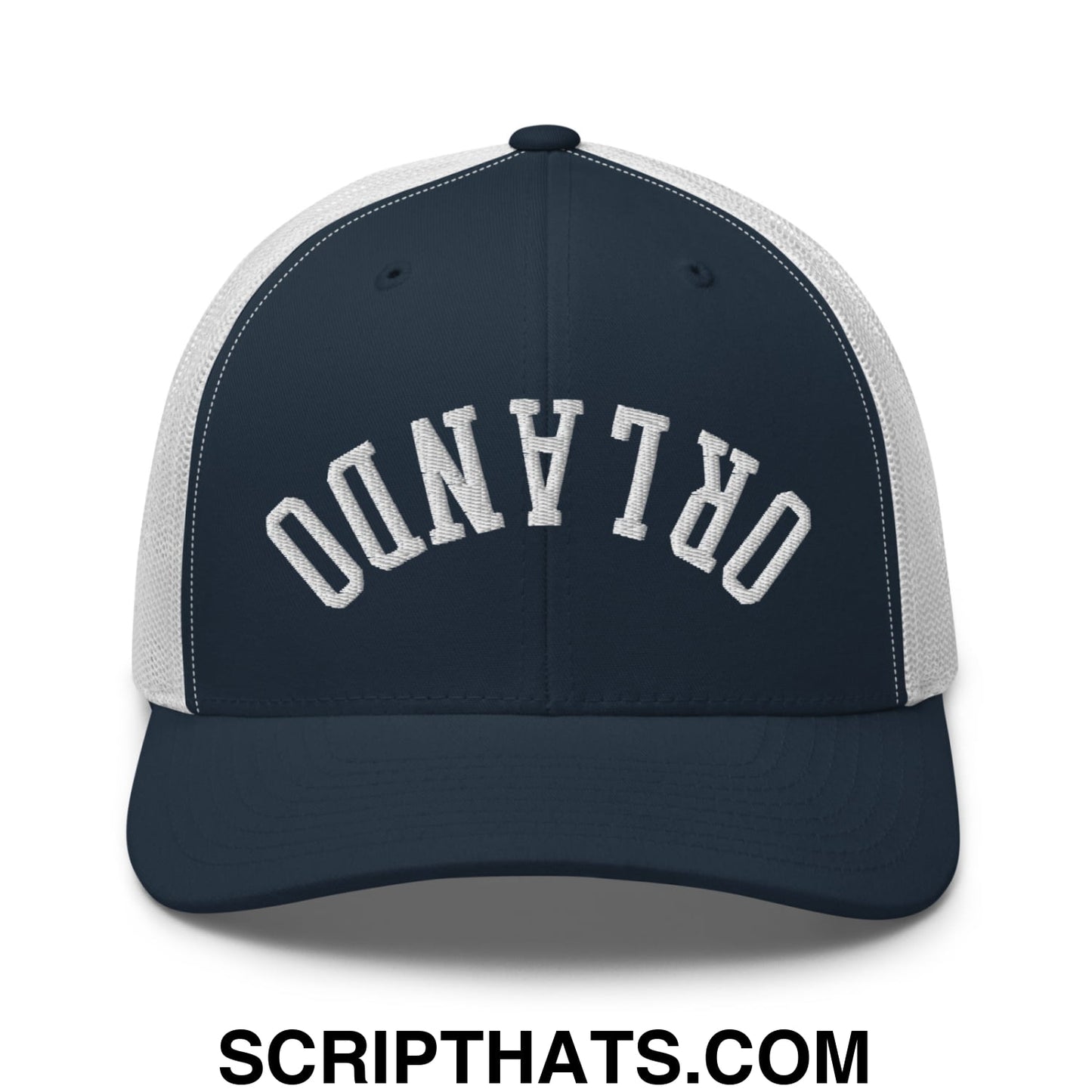 Upside Down Orlando Embroidered Mesh Trucker Hat Navy White