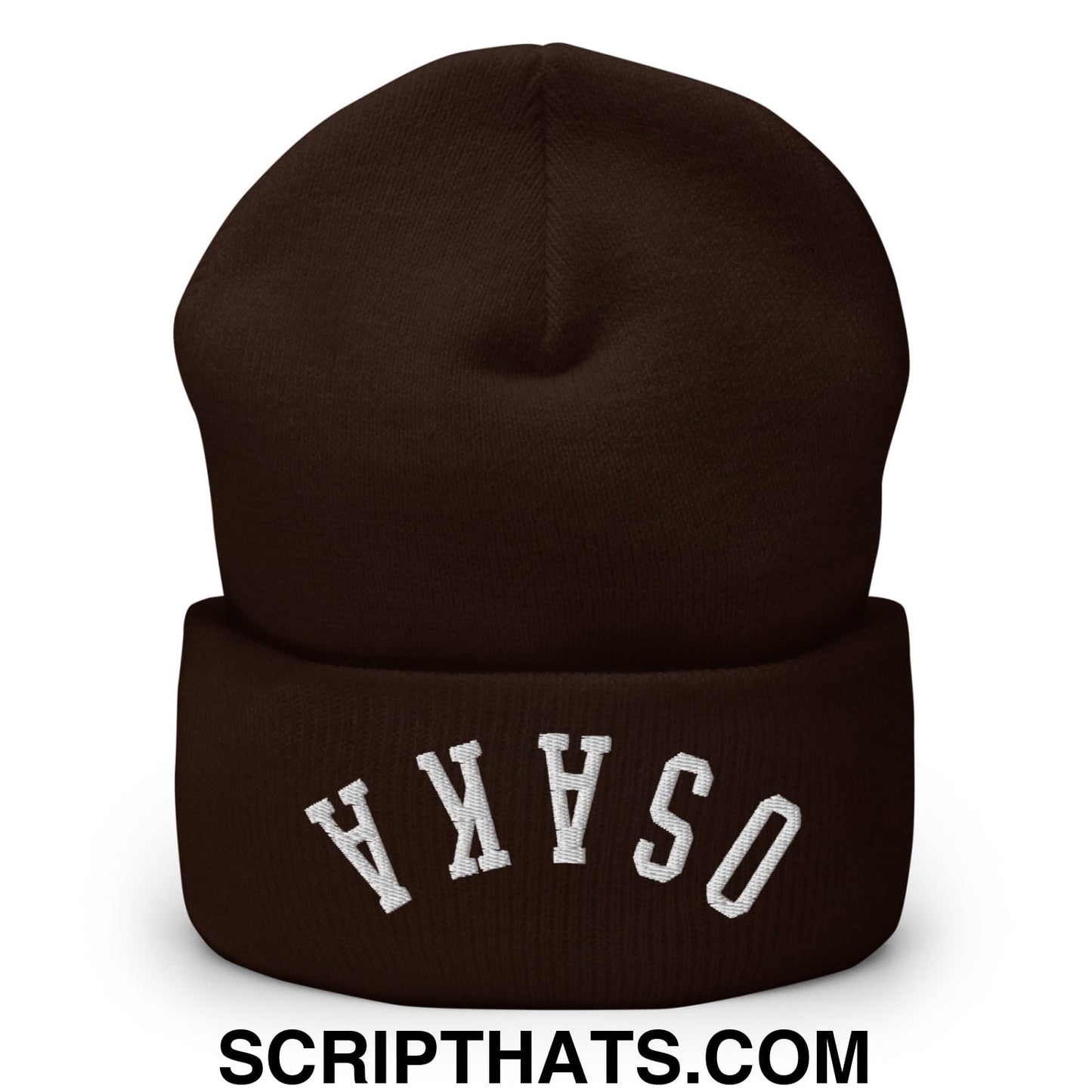 Upside Down Osaka Embroidered Cuffed Knit Beanie Brown