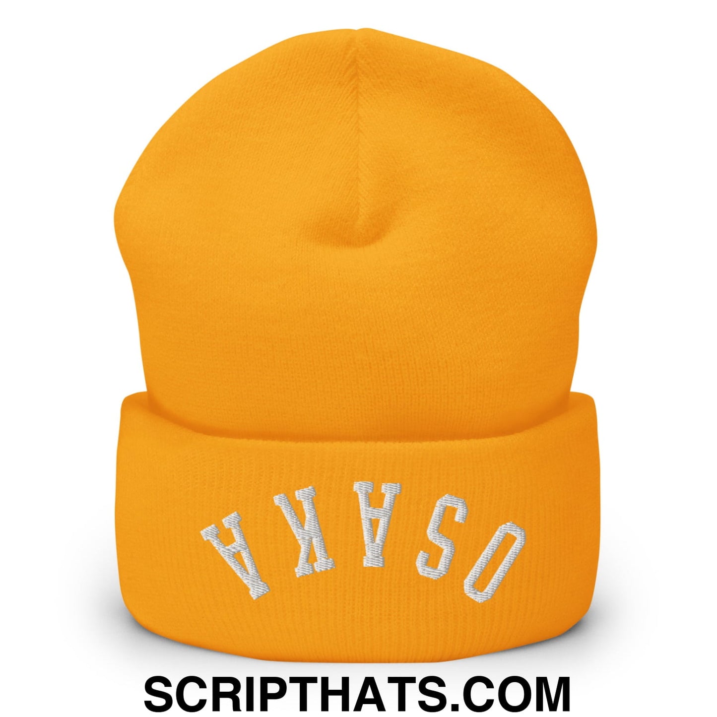 Upside Down Osaka Embroidered Cuffed Knit Beanie Gold