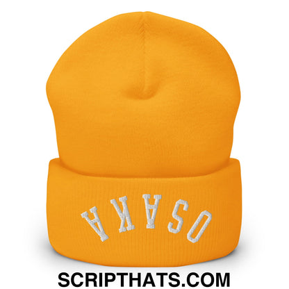 Upside Down Osaka Embroidered Cuffed Knit Beanie Gold