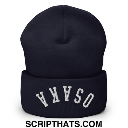 Upside Down Osaka Embroidered Cuffed Knit Beanie Navy