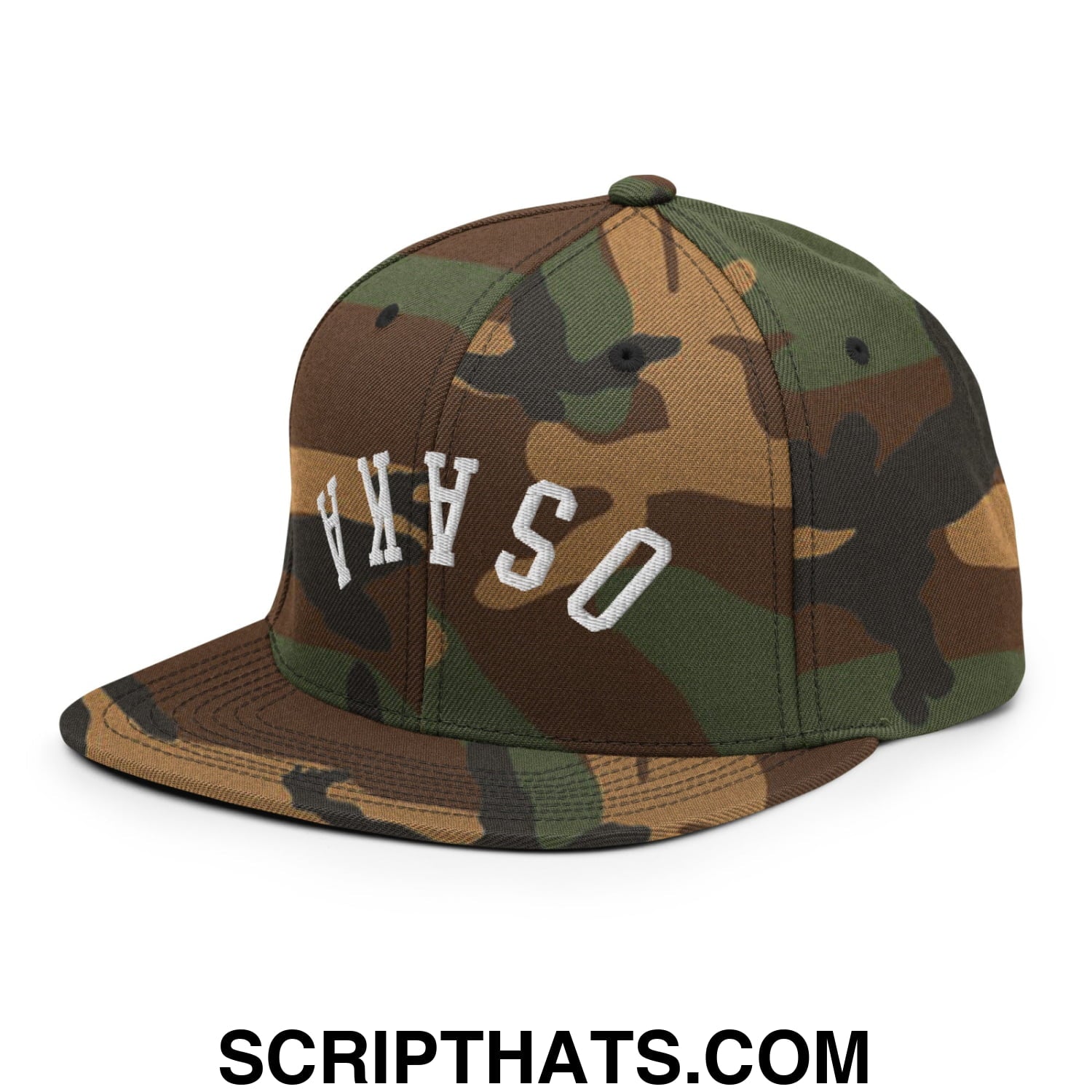 Upside Down Osaka Embroidered Flat Bill Brim Snapback Hat Green Camo