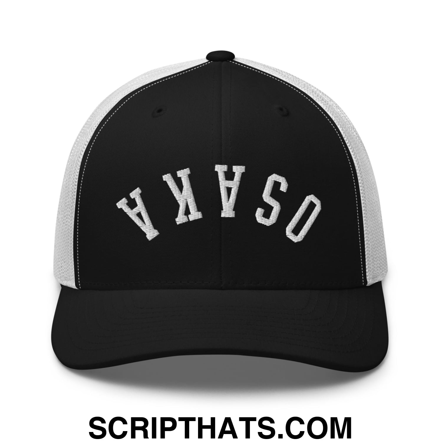 Upside Down Osaka Embroidered Mesh Trucker Hat Black White