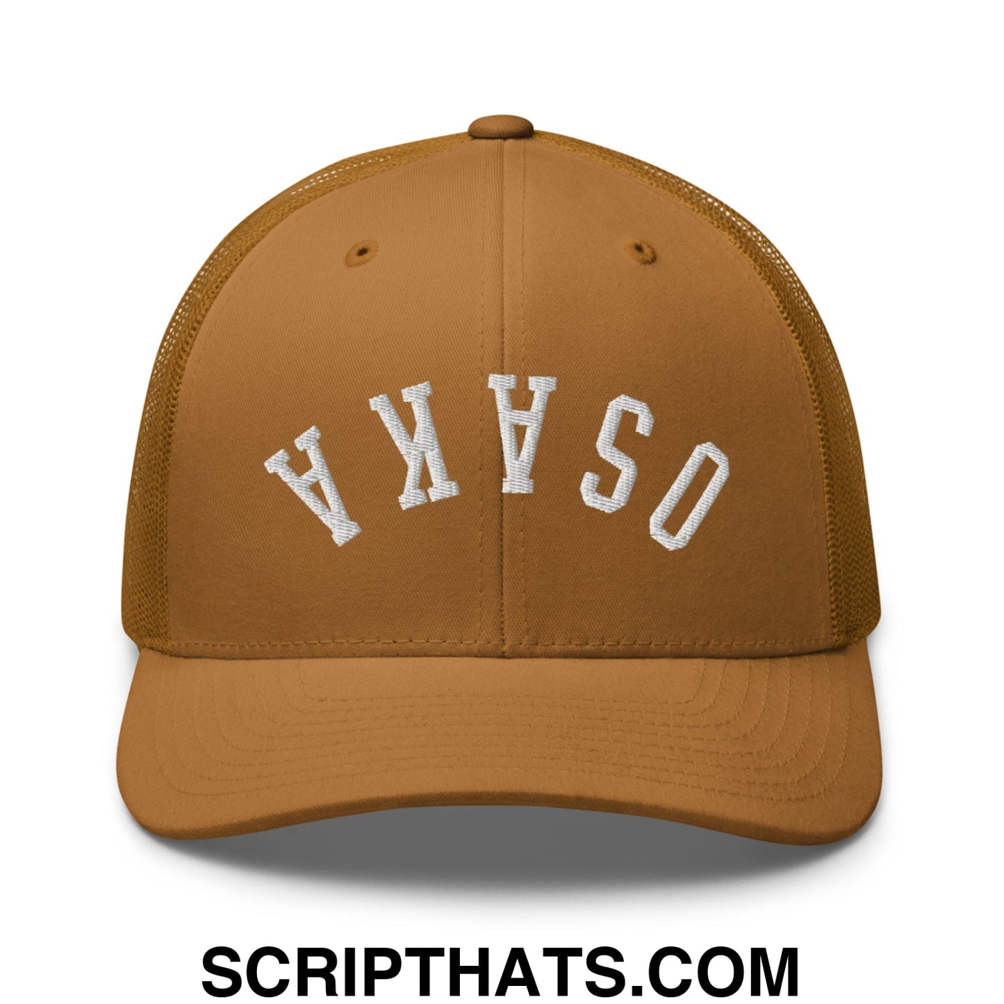 Upside Down Osaka Embroidered Mesh Trucker Hat Caramel