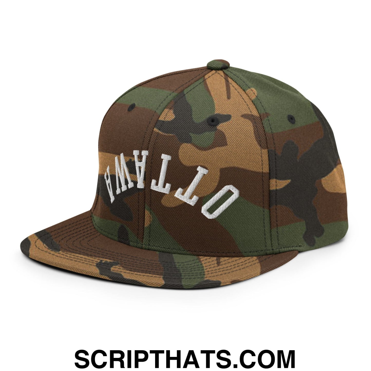 Upside Down Ottawa Embroidered Flat Bill Brim Snapback Hat Green Camo