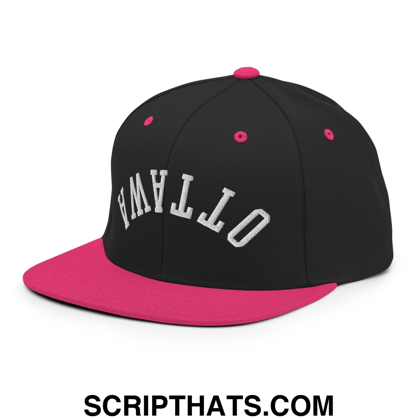 Upside Down Ottawa Embroidered Flat Bill Brim Snapback Hat Black Neon Pink