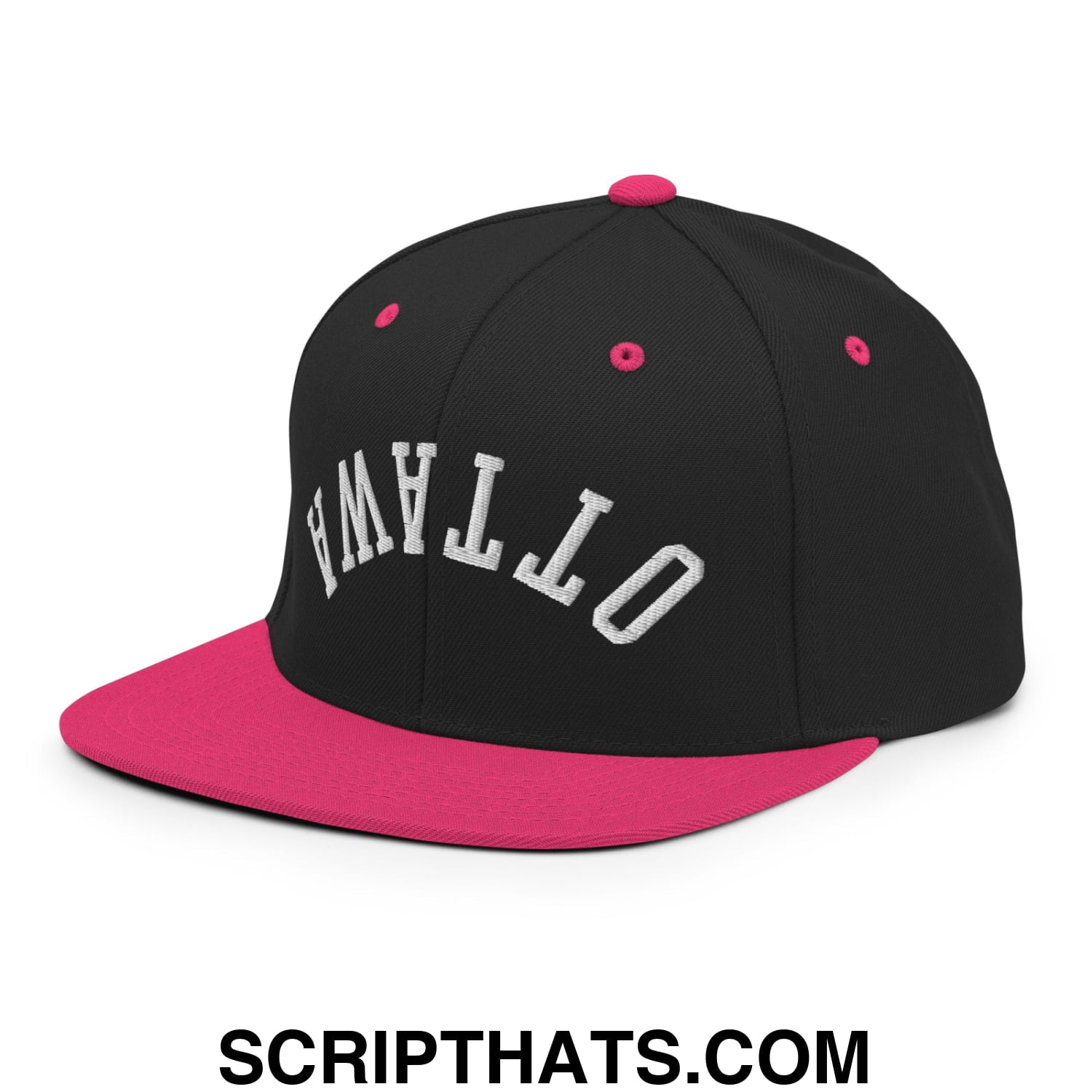 Upside Down Ottawa Embroidered Flat Bill Brim Snapback Hat Black Neon Pink