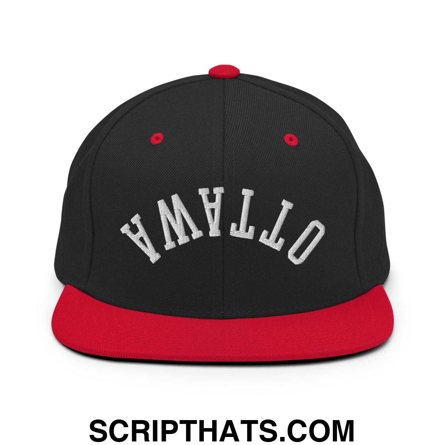 Upside Down Ottawa Embroidered Flat Bill Brim Snapback Hat Black Red