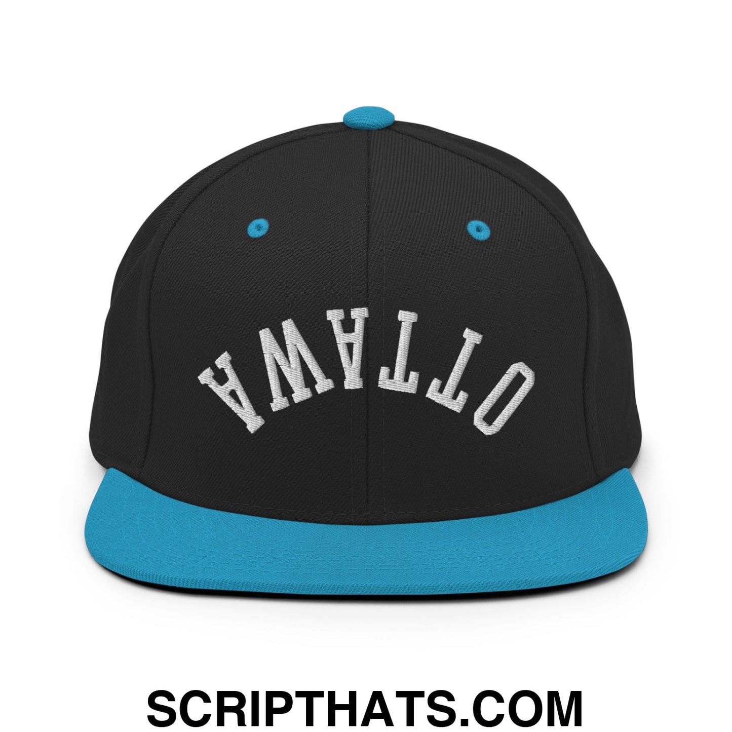 Upside Down Ottawa Embroidered Flat Bill Brim Snapback Hat Black Teal