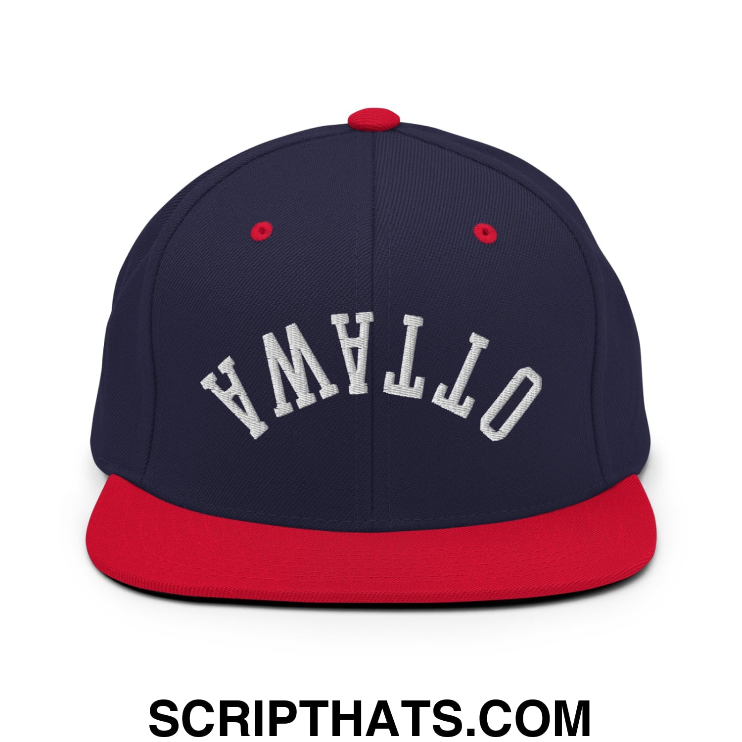 Upside Down Ottawa Embroidered Flat Bill Brim Snapback Hat Navy Red