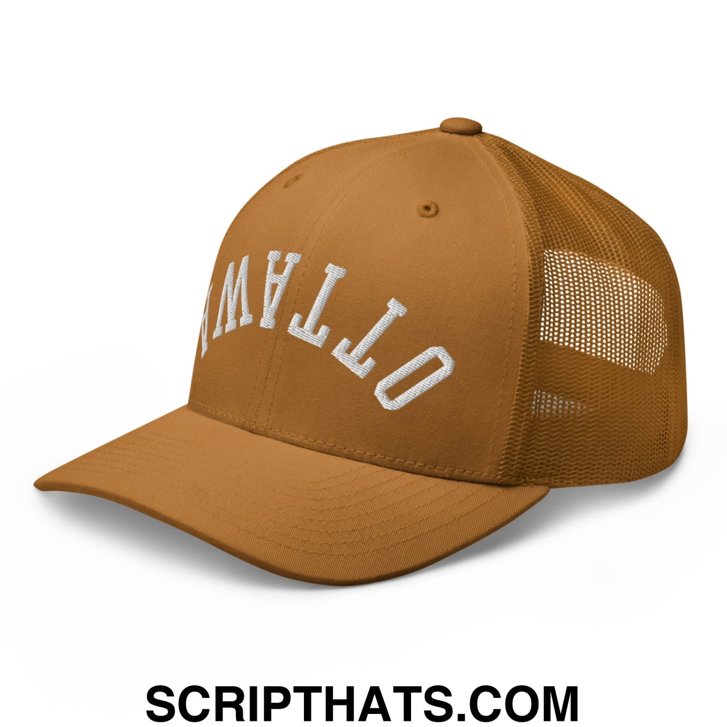 Upside Down Ottawa Embroidered Mesh Trucker Hat Caramel