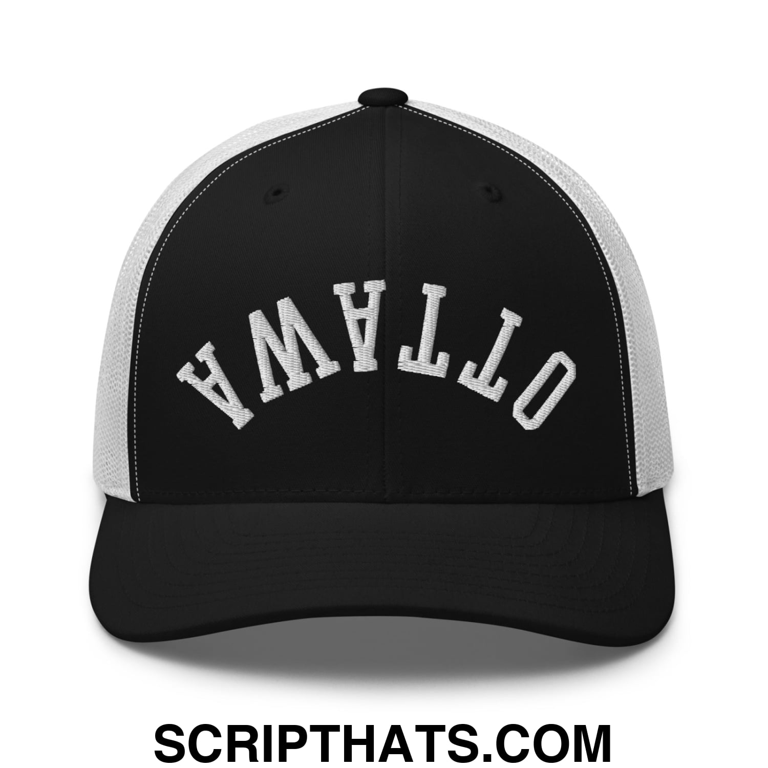 Upside Down Ottawa Embroidered Mesh Trucker Hat Black White
