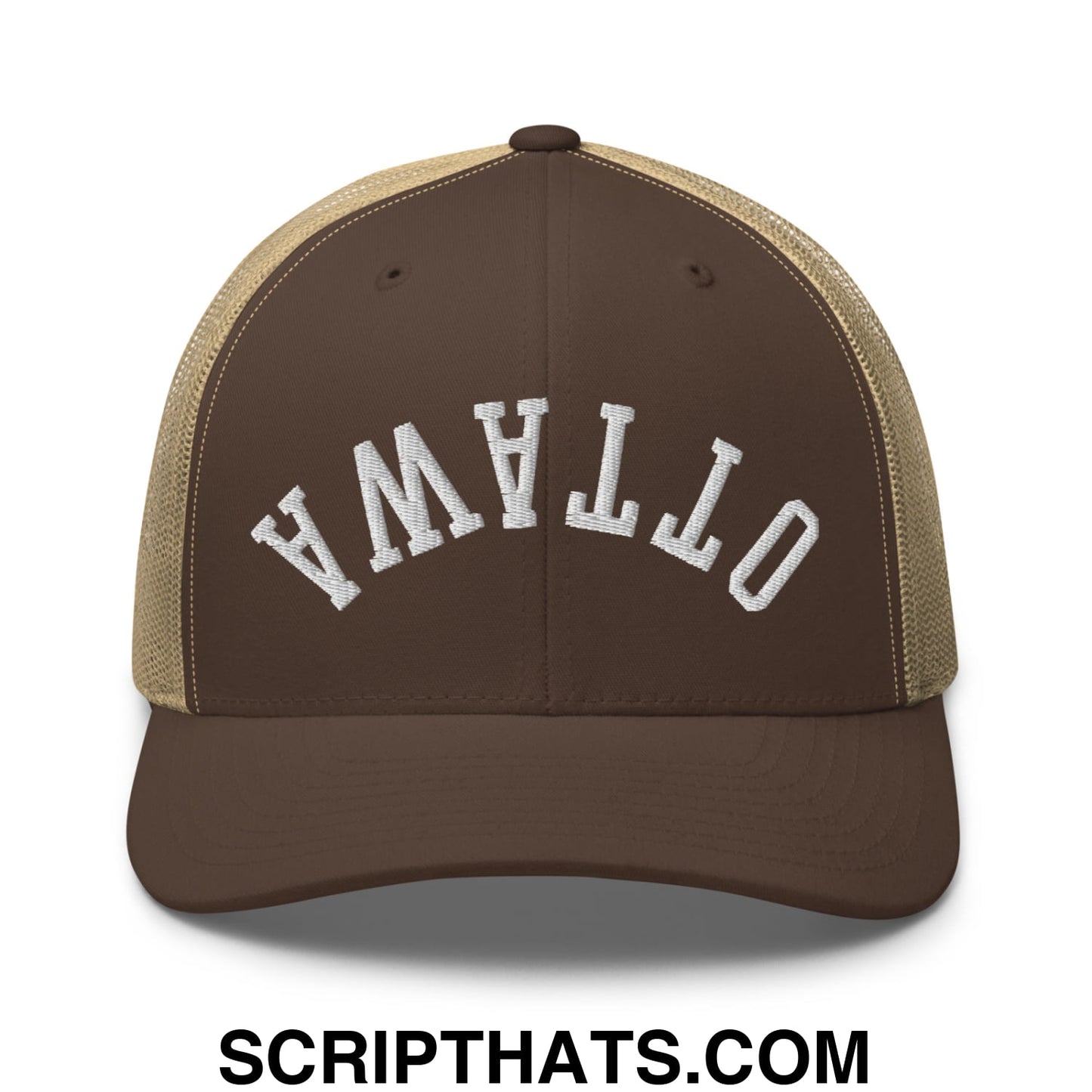 Upside Down Ottawa Embroidered Mesh Trucker Hat Brown Khaki