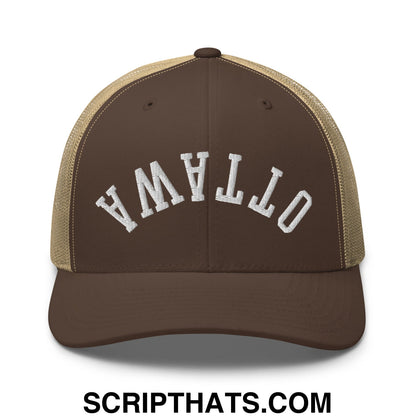 Upside Down Ottawa Embroidered Mesh Trucker Hat Brown Khaki