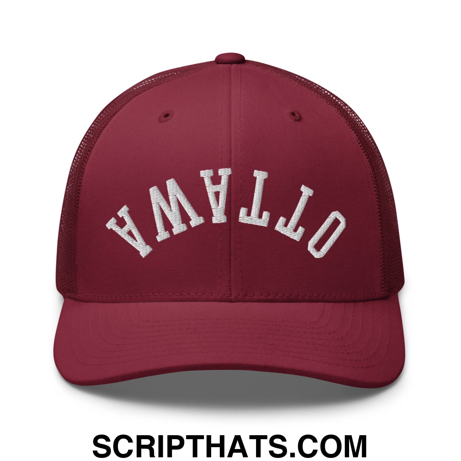 Upside Down Ottawa Embroidered Mesh Trucker Hat Cranberry