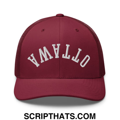 Upside Down Ottawa Embroidered Mesh Trucker Hat Cranberry