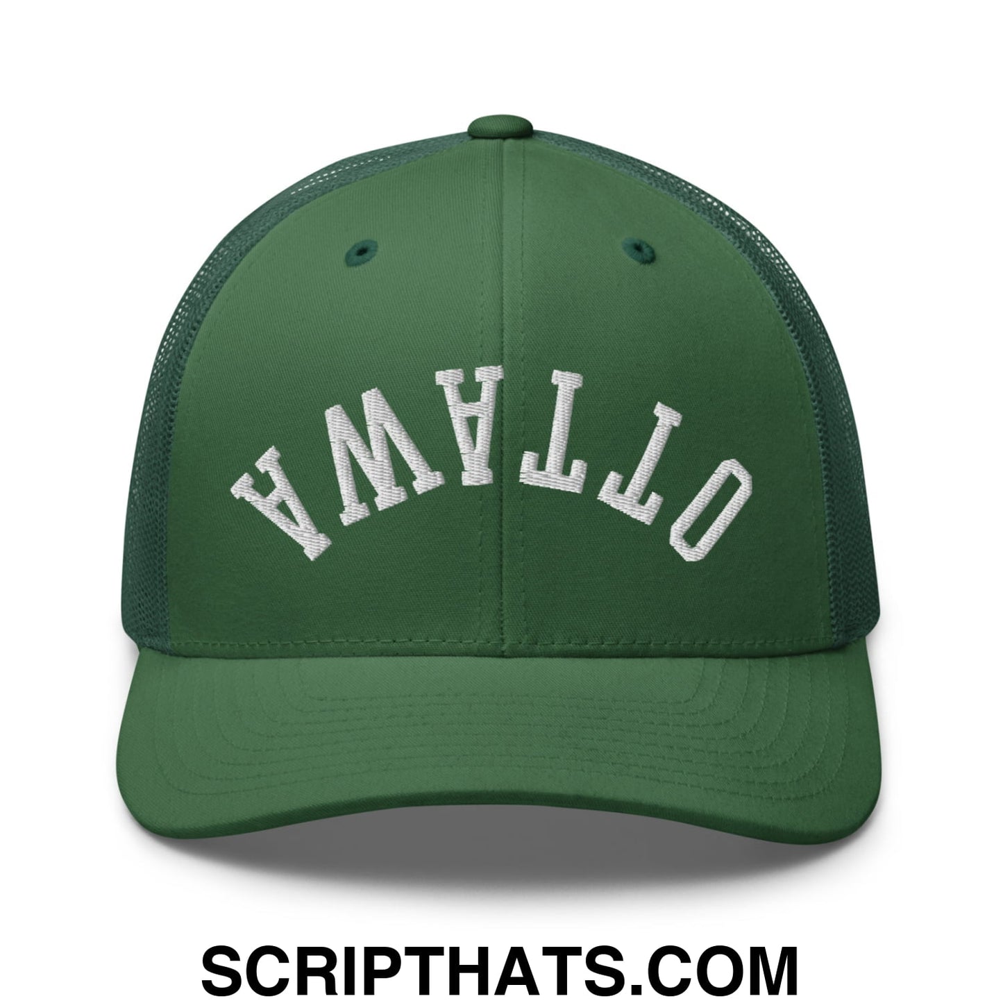 Upside Down Ottawa Embroidered Mesh Trucker Hat Evergreen