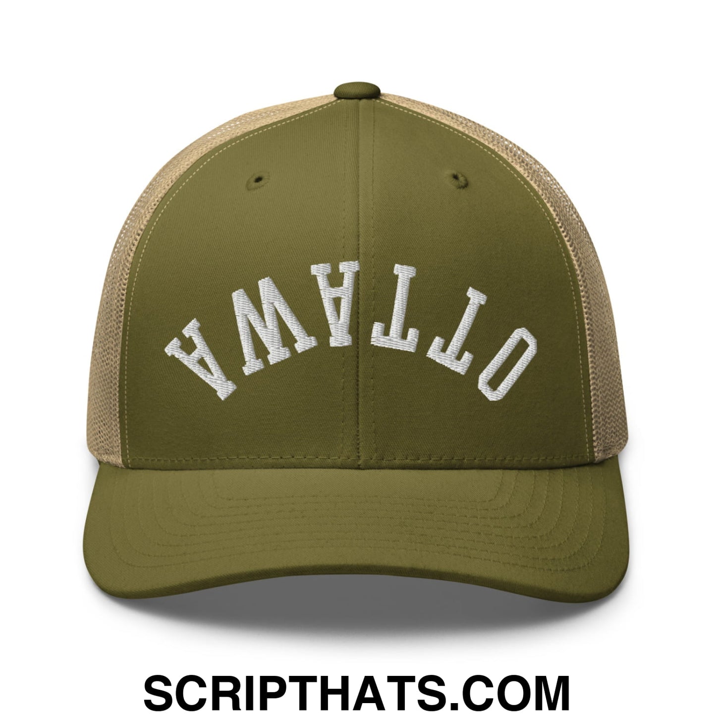 Upside Down Ottawa Embroidered Mesh Trucker Hat Moss Khaki