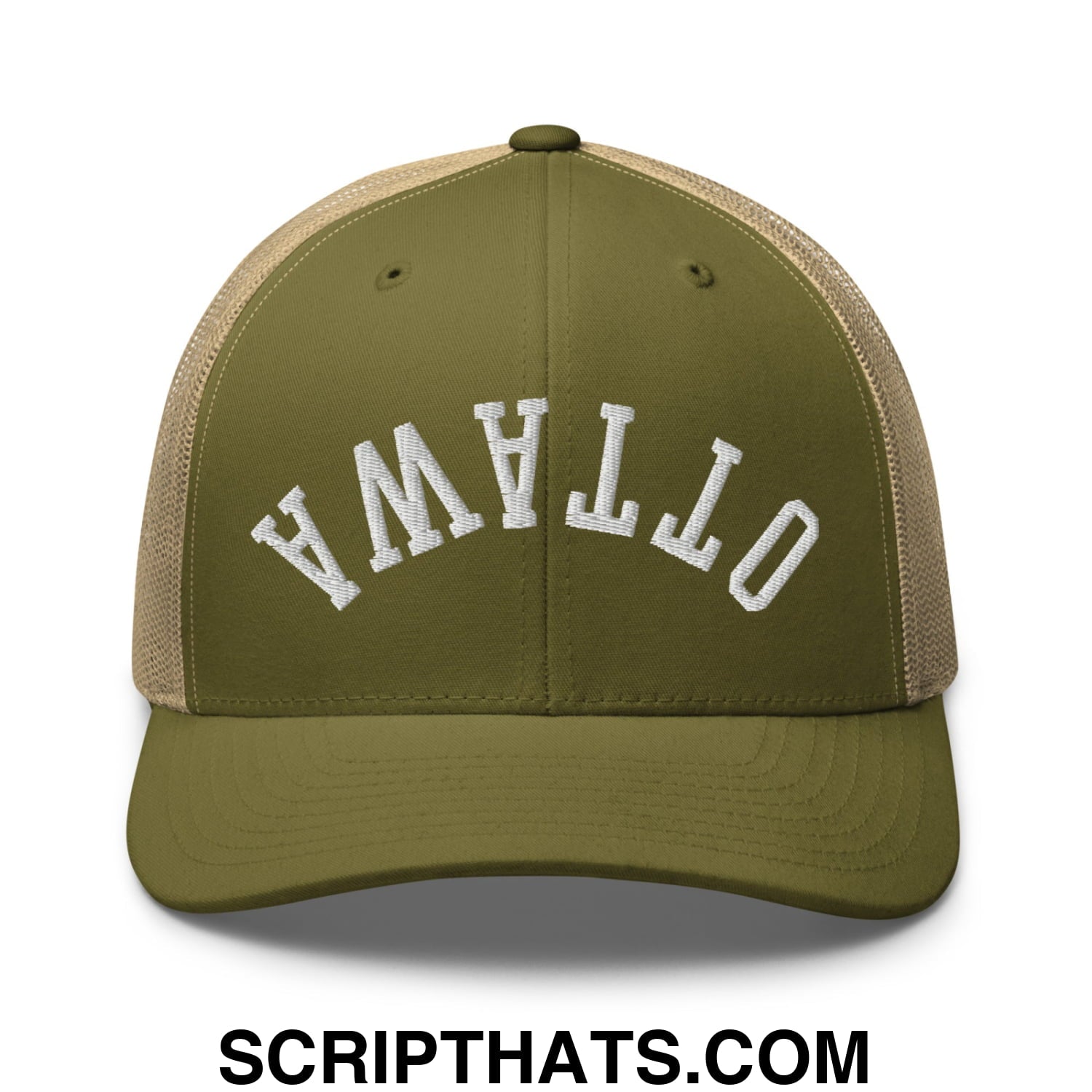 Upside Down Ottawa Embroidered Mesh Trucker Hat Moss Khaki