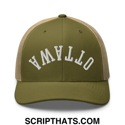 Upside Down Ottawa Embroidered Mesh Trucker Hat Moss Khaki