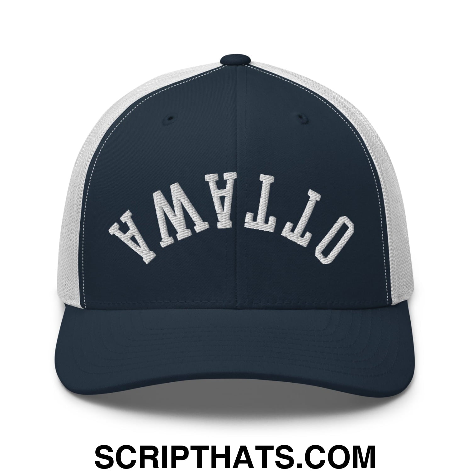 Upside Down Ottawa Embroidered Mesh Trucker Hat Navy White