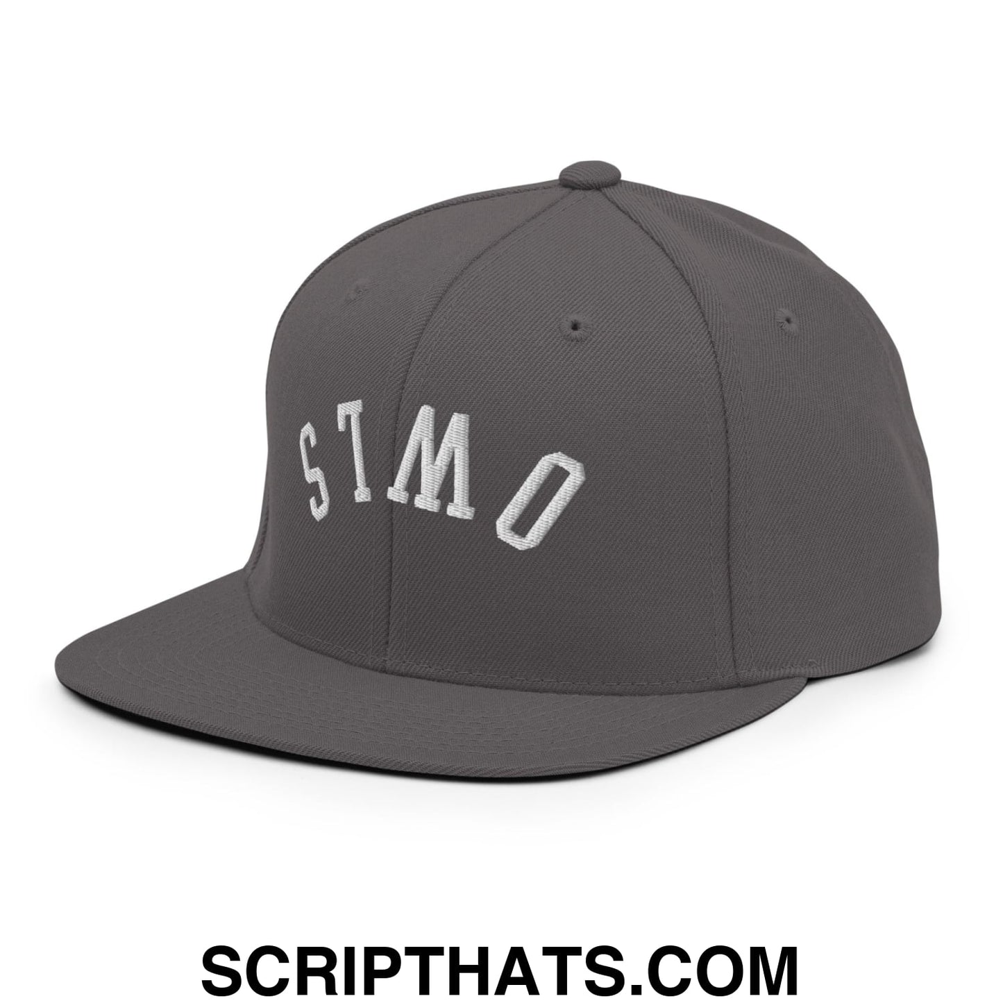 Dark gray snapback hat with white embroidered stmo lettering and flat bill brim from Upside Down Owls collection