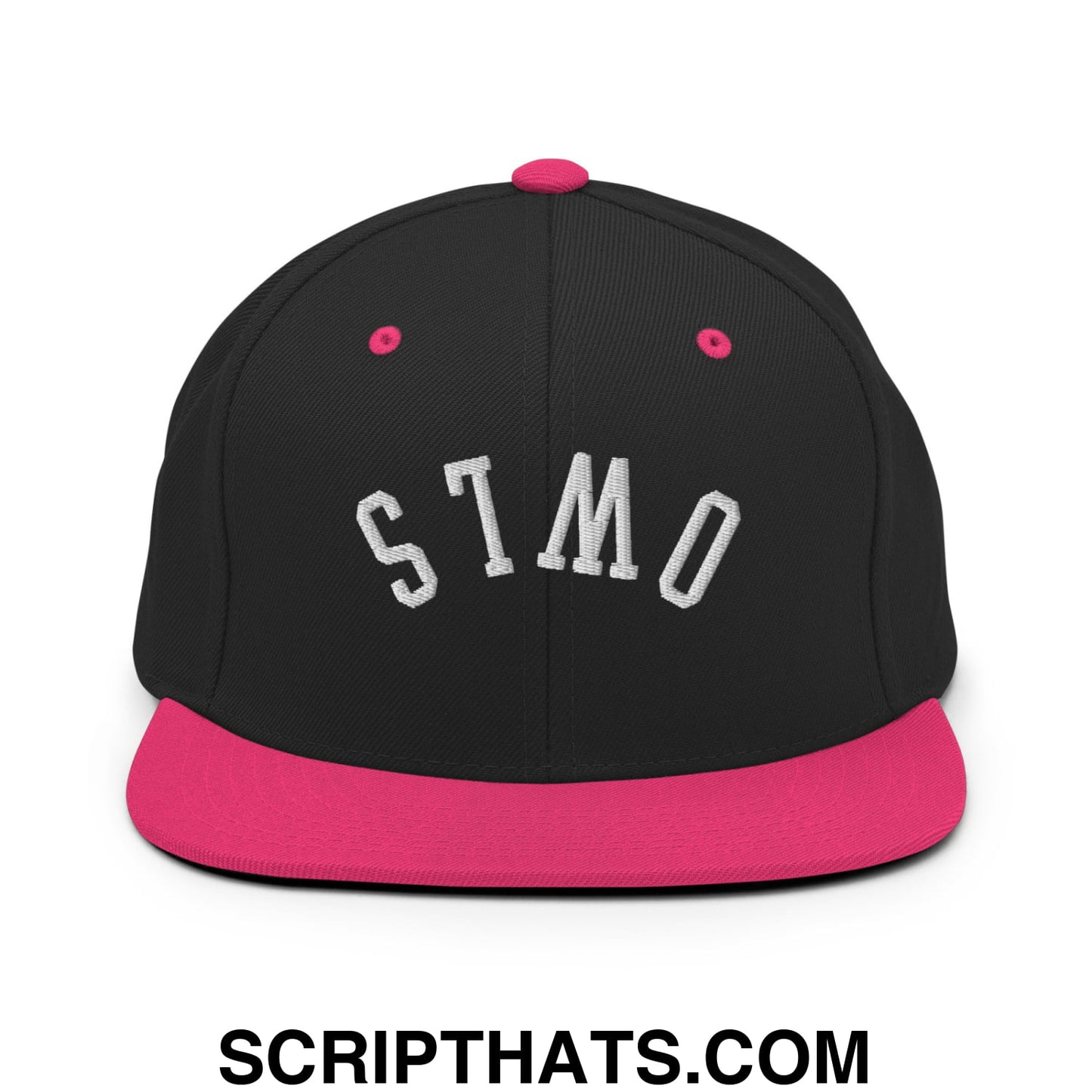 Black snapback cap with vibrant pink brim and button featuring white stmo embroidery from upside down owls collection