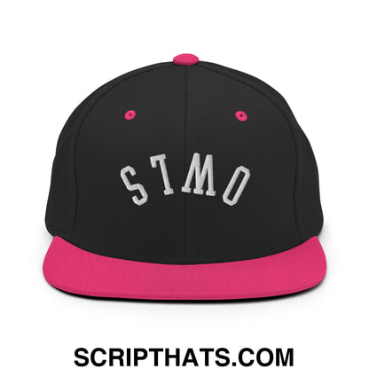 Black snapback cap with vibrant pink brim and button featuring white stmo embroidery from upside down owls collection