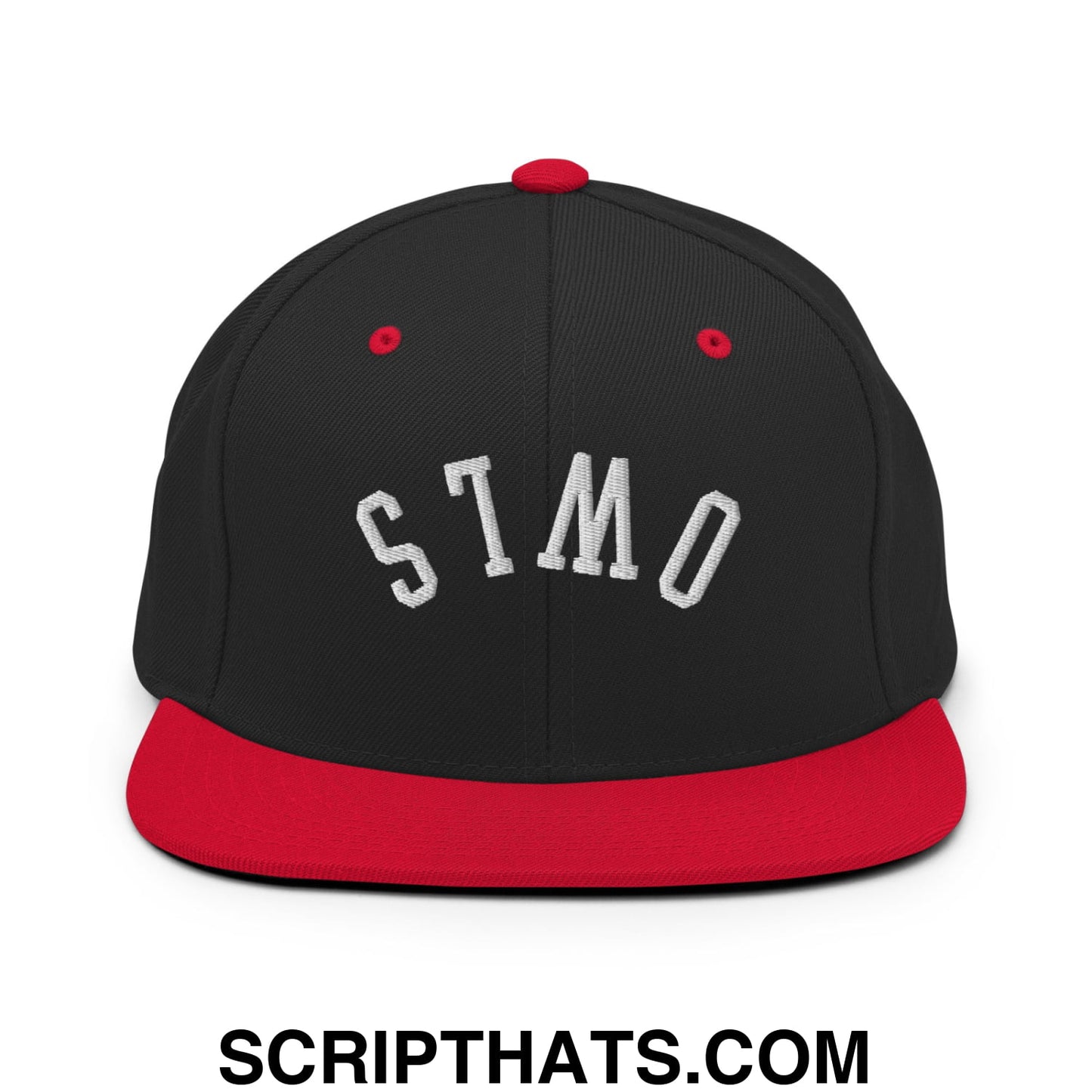 Black snapback cap with red brim and button featuring white embroidered stmo lettering in an upside down owls design