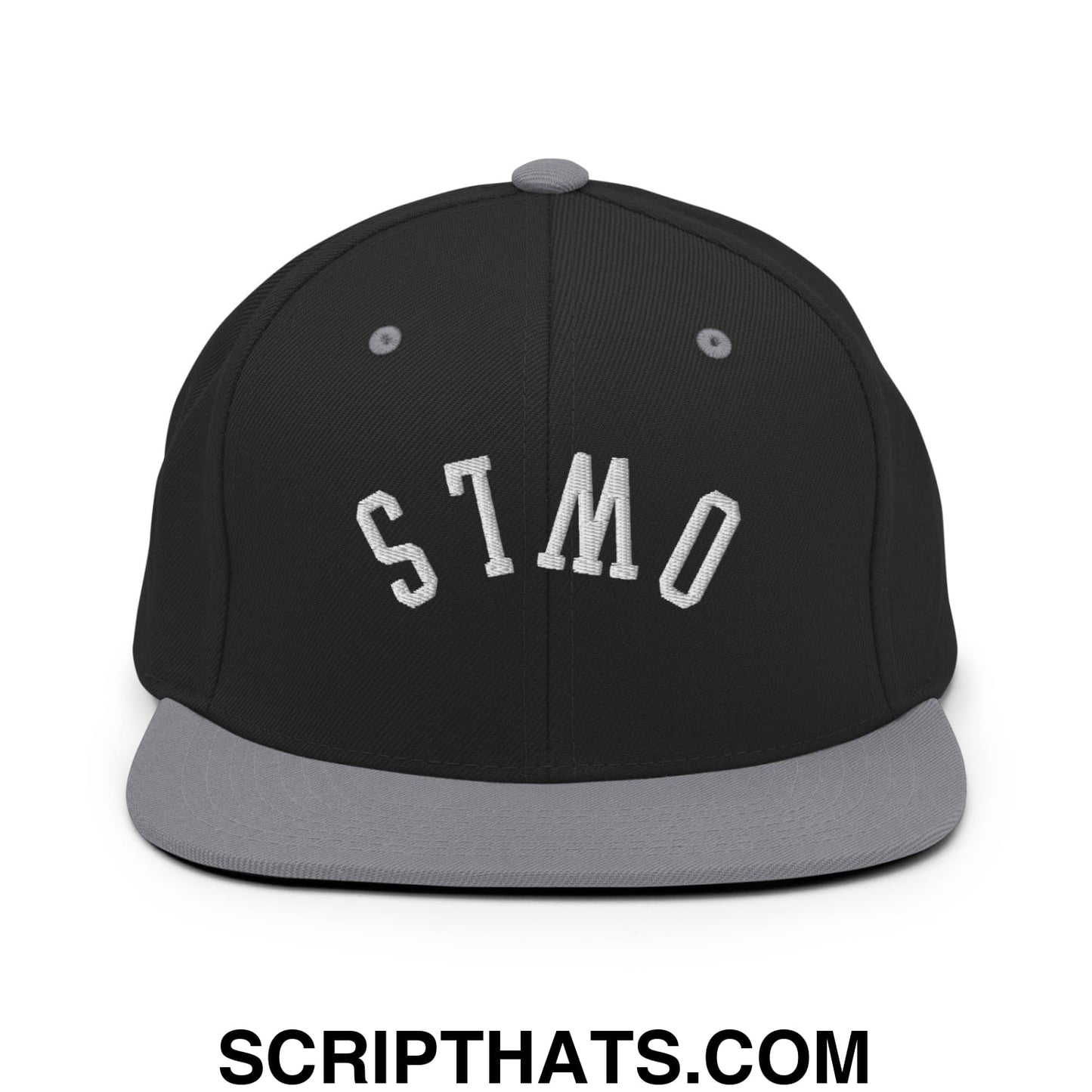 Black snapback hat with gray brim and embroidered white stmo lettering from upside down owls collection