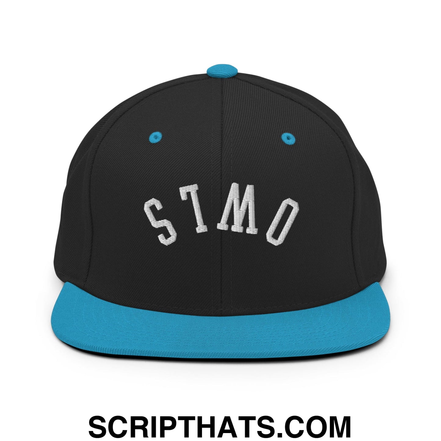Black snapback cap with flat teal brim and stmo embroidered in white from upside down owls collection