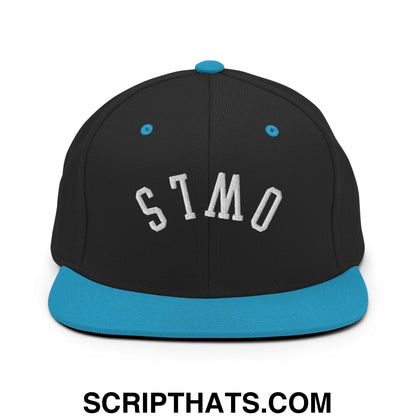 Black snapback cap with flat teal brim and stmo embroidered in white from upside down owls collection