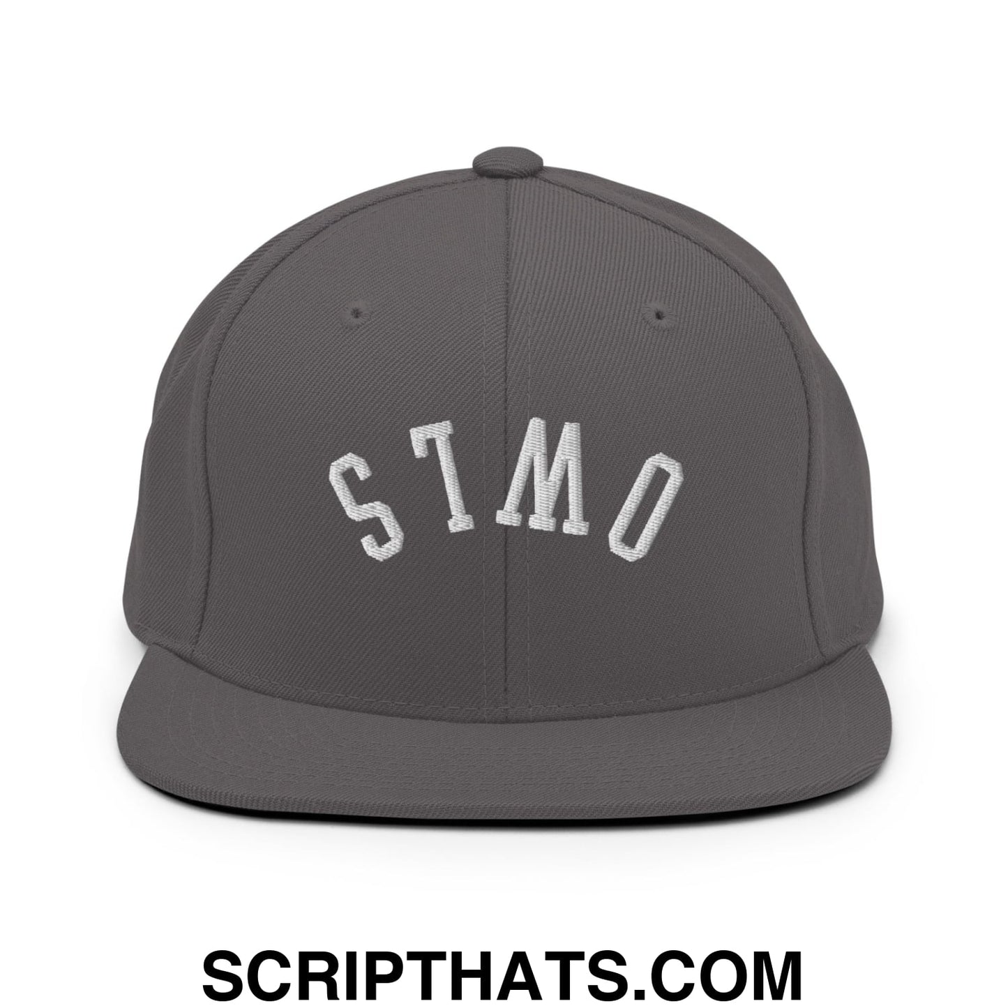 Gray flat bill brim snapback hat with white embroidered stmo lettering from upside down owls collection